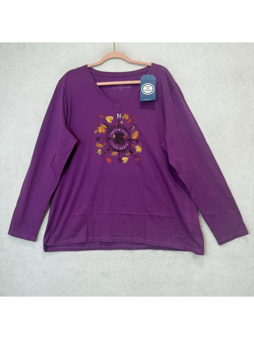 Life Is Good T-Shirt Womens XXL Purple V Neck Long Sleeve Crusher Tee Graphic